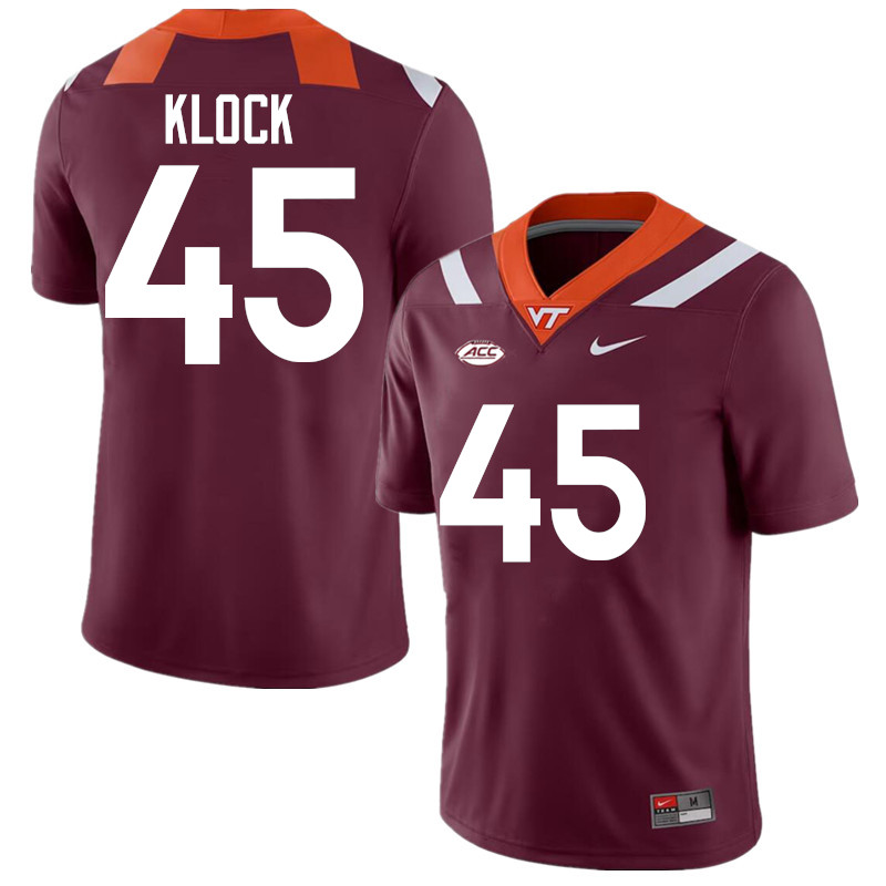 Men #45 Elijah Klock Virginia Tech Hokies College Football Jerseys Stitched-Maroon